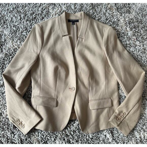 Talbots Ponte Knit Tan Khaki Collarsless Blazer Jacket 12 L Large - Picture 2 of 7